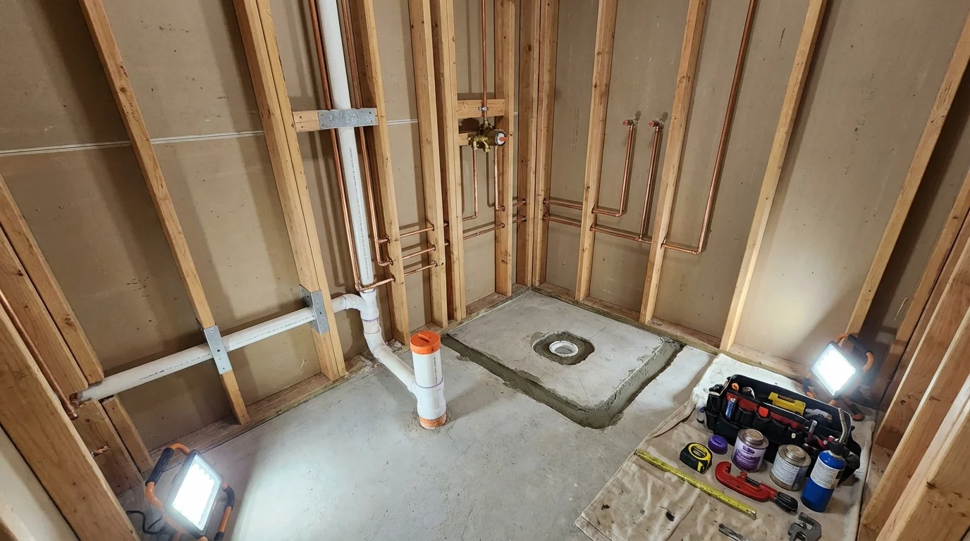 Bathroom rough-in plumbing during remodel by Johns Plumbing LLC in Colbert