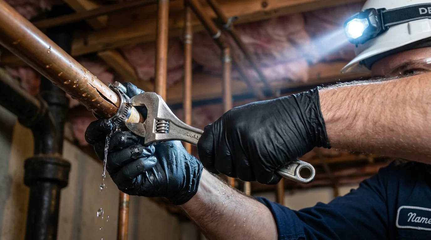 Emergency pipe clamp repair being performed by a Johns Plumbing LLC plumber in Colbert