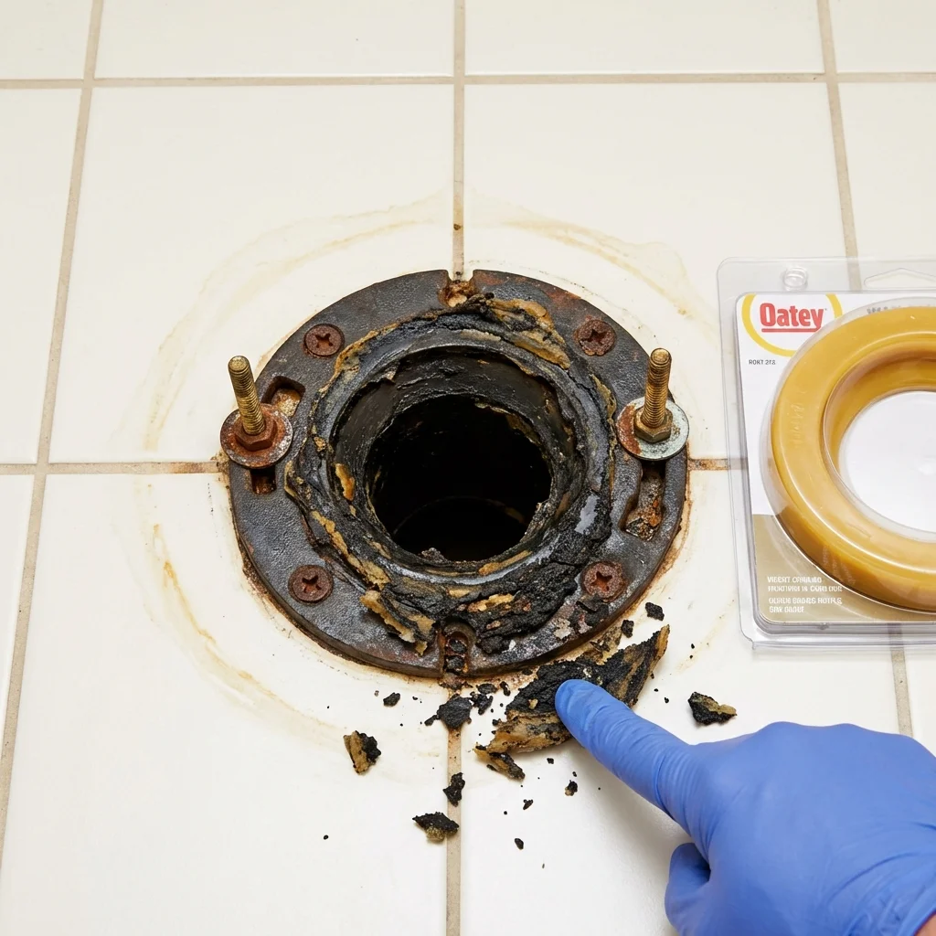 Failed wax ring showing water seepage at the base of a toilet in a Colbert, OK home