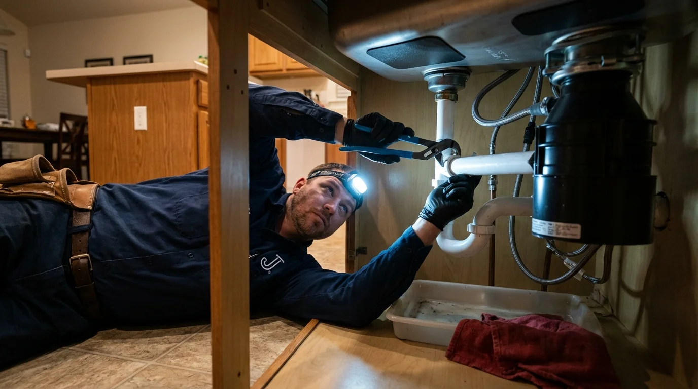 P-trap and supply line connections under a kitchen sink showing a common leak point in Colbert, OK